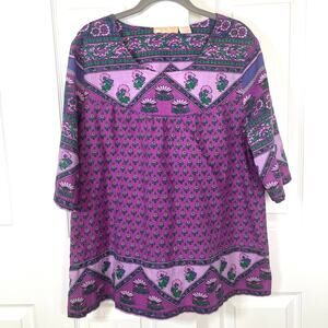 Vintage LA Cera XL Women's Indian Cotton Block Print Style Floral Top 3/4 Sleeve